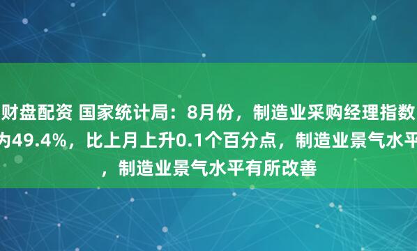 财盘配资 国家统计局：8月份，制造业采购经理指数（PMI）为49.4%，比上月上升0.1个百分点，制造业景气水平有所改善